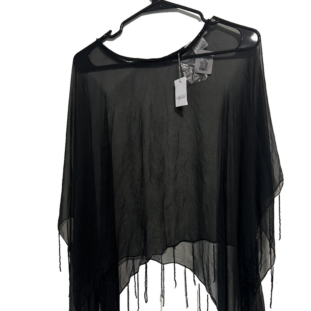 Vintage Sisters Accessories Shawl 1 Sz Black Beaded Fringe Silk Sheer Gothic